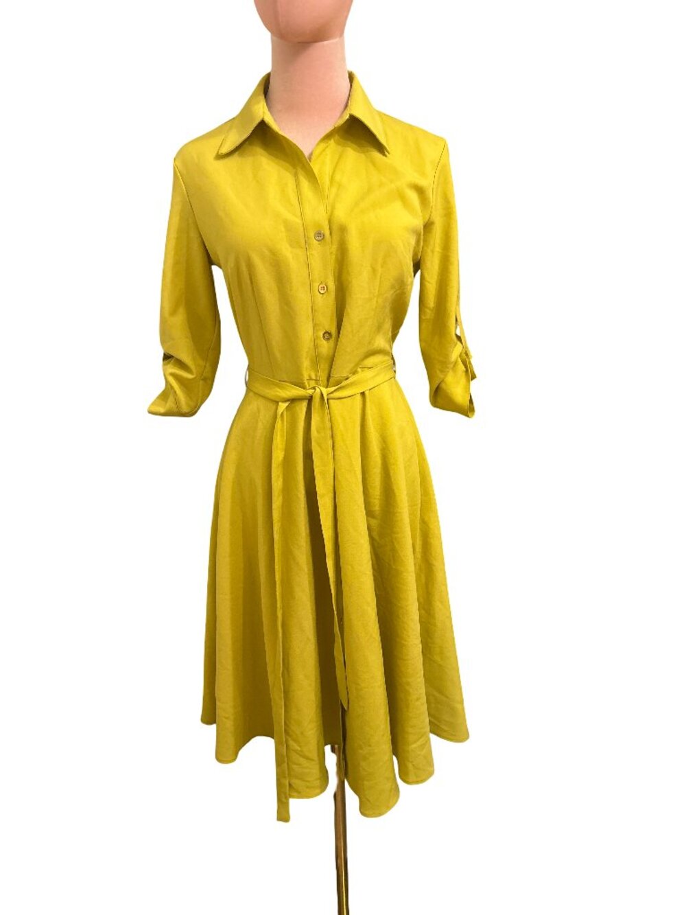Sharagano Shirt Dress Sz 4 Yellow Midi Button Front Roll Tab Sleeve Tie Waist